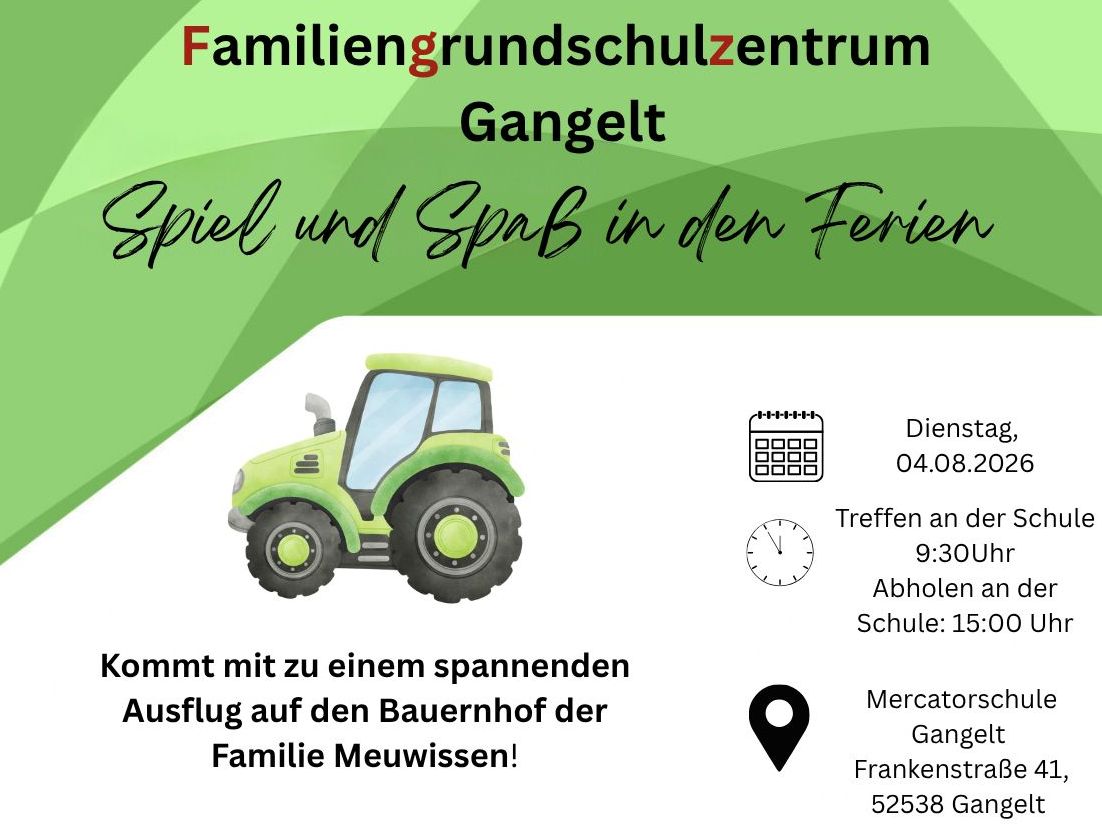 Ein Flyer mit abgebildetem Traktor zum Angebot am 04.08.2026 an der Mercatorschule