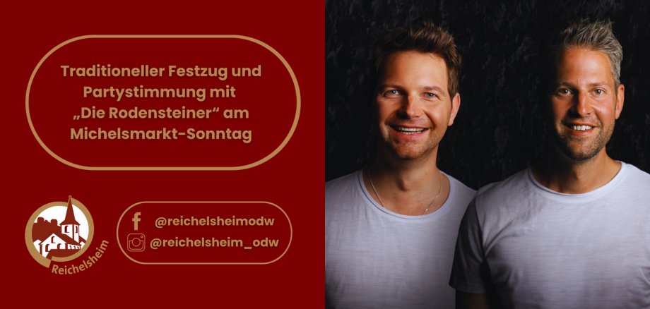 Michelsmarkt-Sonntag mit „Die Rodensteiner“. Rechts ein Porträt der zwei lächelnden Musiker in weißen T-Shirts vor dunklem Hintergrund.