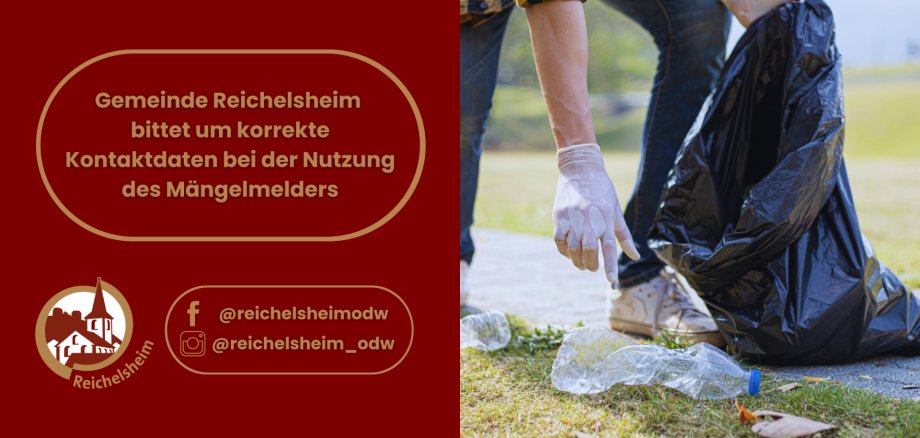 Gemeinde Reichelsheim bittet um korrekte Kontaktdaten beim Mängelmelder. Foto: Eine Person sammelt Plastikmüll in einen Sack.
