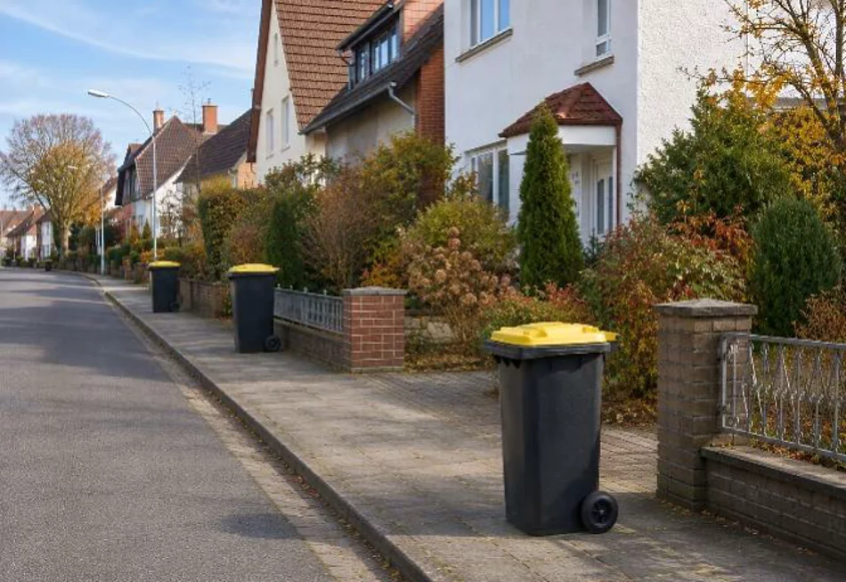 Straße an der Gelbe Tonnen zu Entleerung aufgestellt sind.