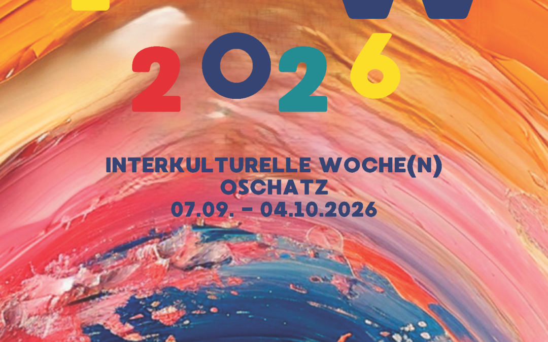 Buntes Plakat für die Interkulturelle Woche 2026 in Oschatz, mit Logo, Datum und abstraktem, farbenfrohem Hintergrund.