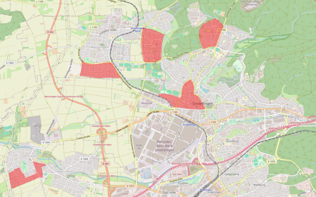 Grafik mit Markierung der Teilbereiche des Stadtgebiets, die am bundesweiten Warntag von der Feuerwehr Sindelfingen befahren werden
