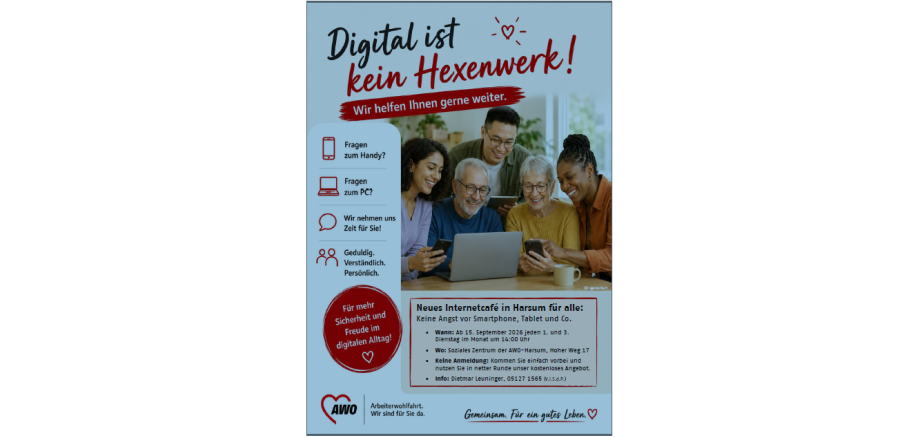 Auf dem Bild ist eine Werbung für das AWO INternetcafe vorhanden