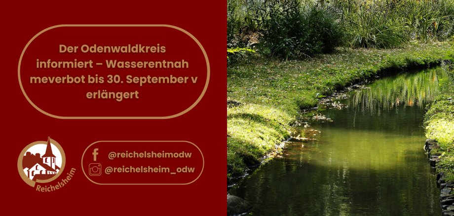 Infografik: Der Odenwaldkreis verlängert das Wasserentnahmeverbot bis 30. September; daneben ein grüner Bachlauf.