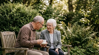 Zwei ältere Personen sitzen auf Gartenstühlen und trinken gemeinsam Kaffee in einem Garten. © Pixabay