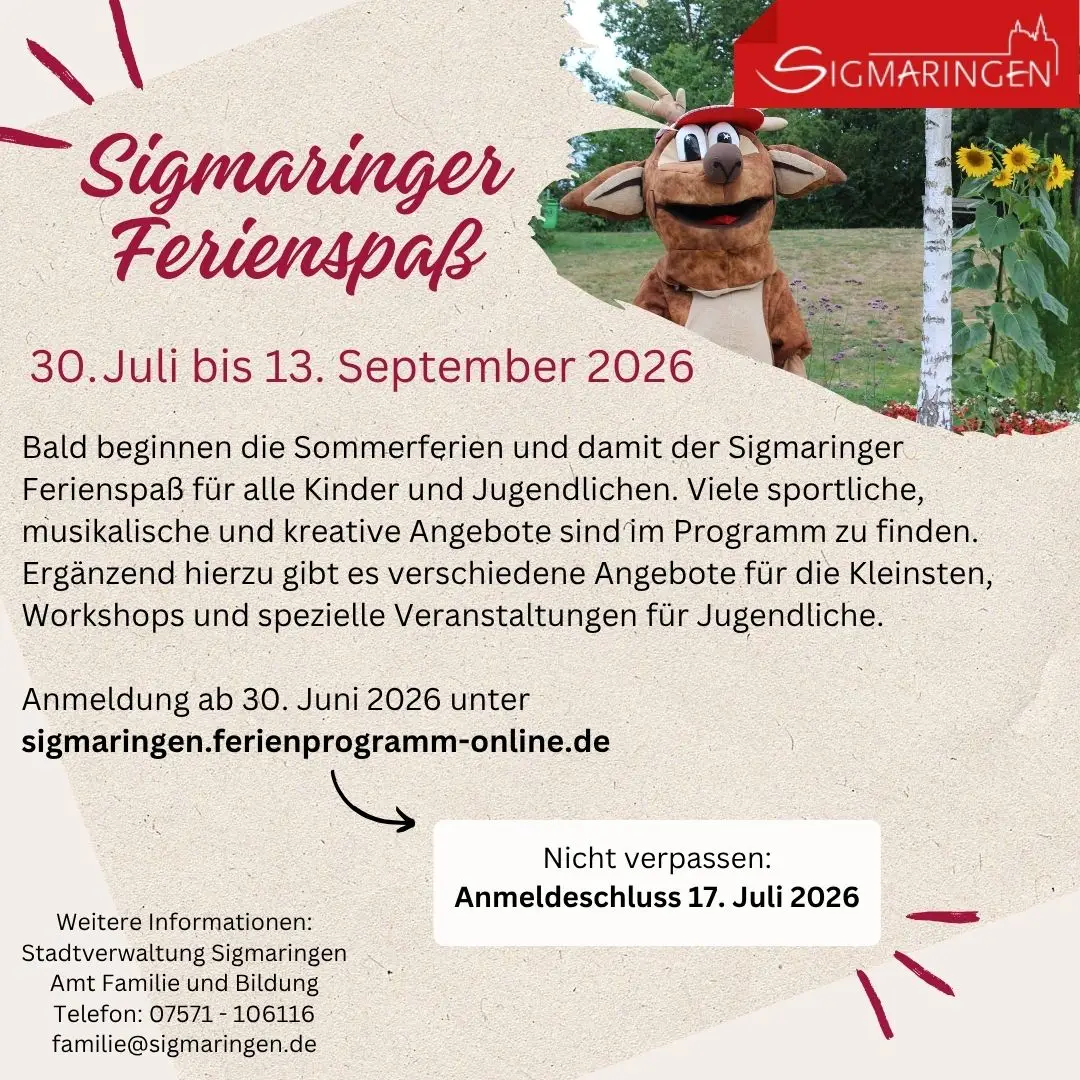 Sigmaringen Ferienspaß 30. Juli bis 13 September (Anmeldeschluss 17. Juli 2026))