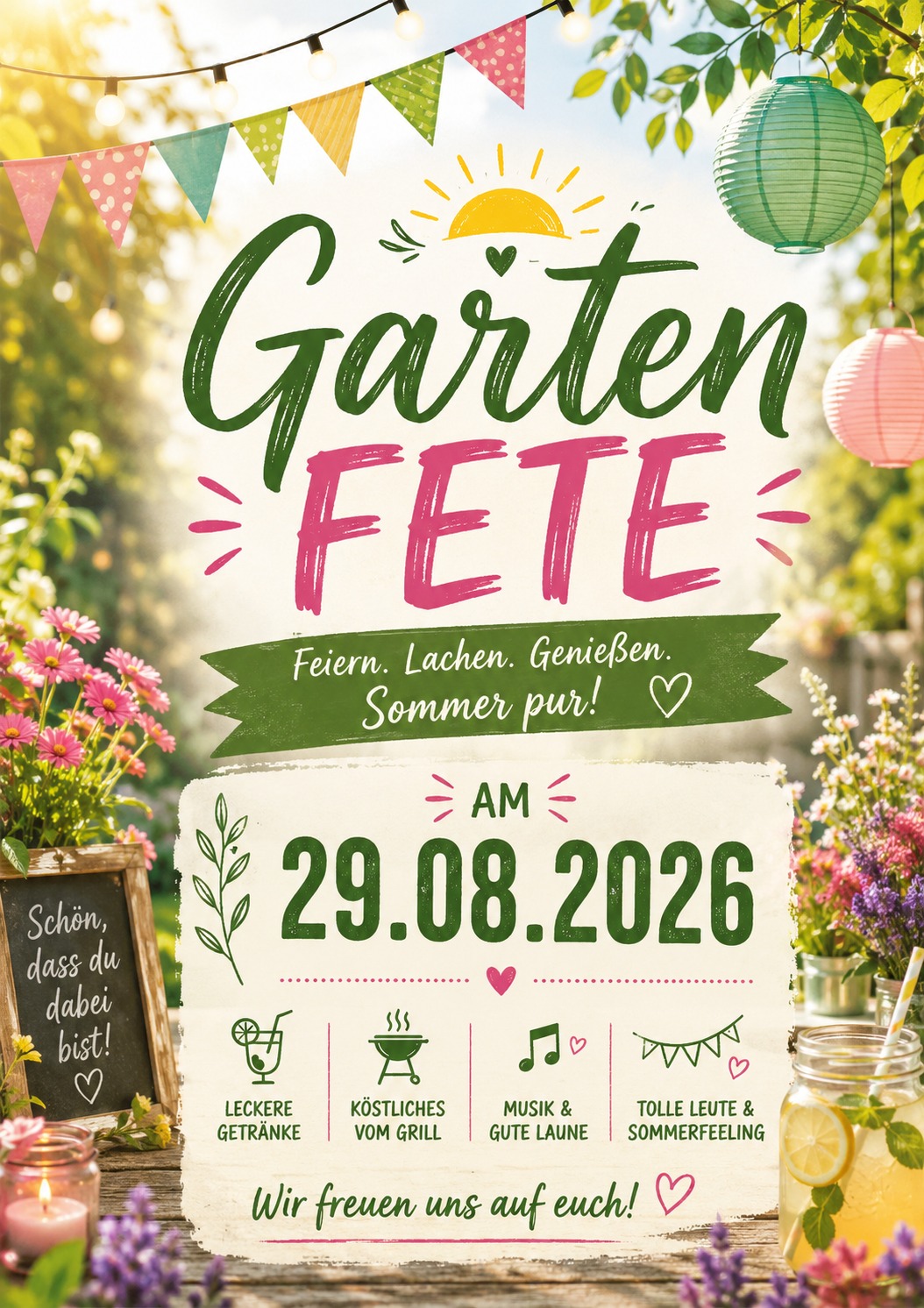 Einladungskarte für eine Sommer-Gartenfete mit Details zu Essen, Grillen und Musik im Freien.