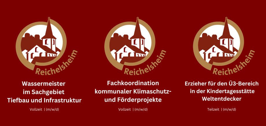 Stellenausschreibungen der Gemeinde Reichelsheim: Wassermeister (Vollzeit), Fachkoordination Klimaschutz (Vollzeit) und Erzieher Ü3 (Teilzeit). Alle Stellen (m/w/d).