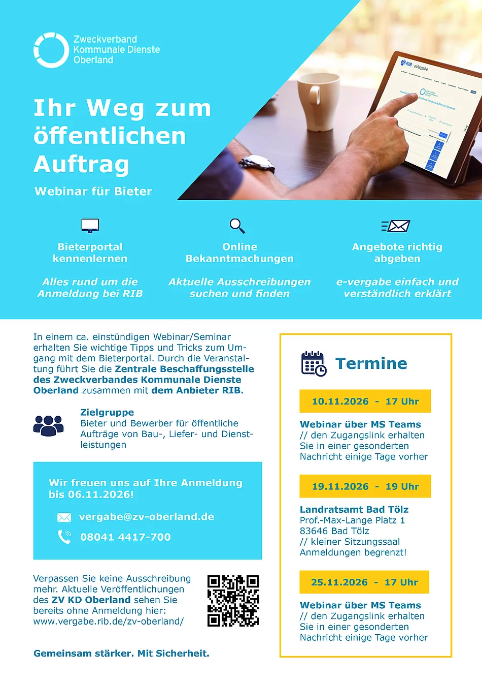 Flyer mit Informationen zu einem Bieterseminar des Zweckverbands Kommunale Dienste Oberland mit Terminen, Kontaktinformationen und Hinweisen zu Online-Bietertools