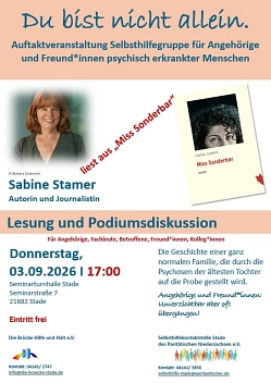 Werbeplakat für eine Lesung und Podiumsdiskussion von Sabine Stamer am 03.09.2026 in Stade. © Selbsthilfekontaktstelle Stade des Paritätischen
im Landkreis Stade