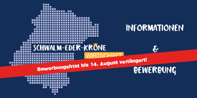 Grafik zur Schwalm-Eder-Krone „Wirtschaft“ auf dunkelblauem Hintergrund. Links ist eine stilisierte Karte des Schwalm-Eder-Kreises mit dem Logo der Schwalm-Eder-Krone zu sehen, rechts der Schriftzug „Informationen &amp; Bewerbung“. Ein rotes Banner weist auf die verlängerte Bewerbungsfrist bis zum 14. August hin. Das Signet der Schwalm-Eder-Krone ist in die Grafik eingebunden.