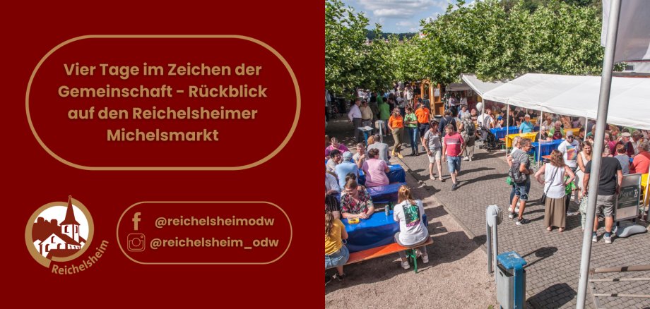 Hinweis auf einen Rückblick zum Reichelsheimer Michelsmarkt: Menschen feiern gemeinsam an Ständen und Biertischen unter Sonnenschirmen.