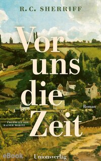 Abgebildet ist der Buchumschlag mit dem Titel "Vor uns die Zeit". Hinter der Schrift ist ein Gemälde mit Feldern, Hügeln und einzelnen Häusern zu sehen.