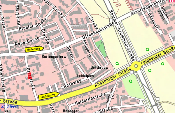 Ortskarte von Offenhausen mit eingezeichneter Sperrung in der Ortsstraße und Umleitung über die Offenbachstraße bzw. Augsburger Straße