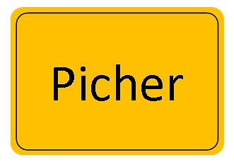gelbes Ortsschild, zeigt den Gemeindenamen: Picher © Amt Hagenow-Land