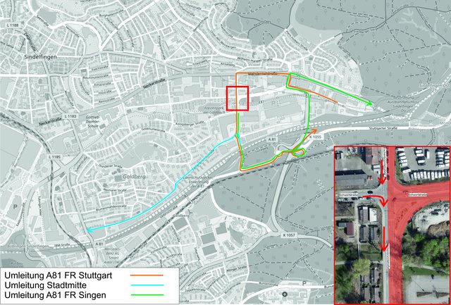 Grafik: Umleitung während des zweiten Bauabschnitts der Sanierung der Eschenbrünnlestraße (Stadt Sindelfingen)