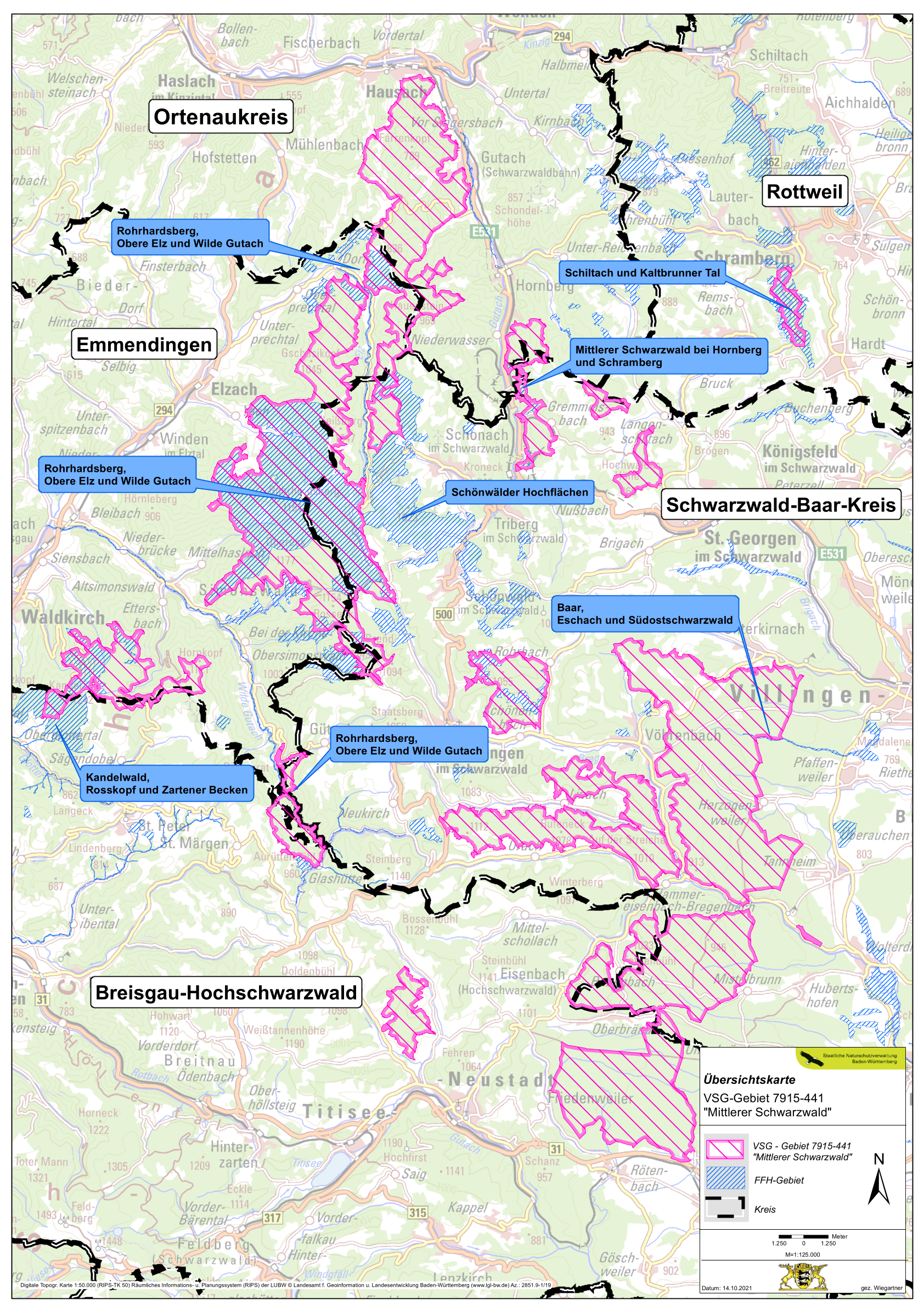 Übersichtskarte des Vogelschutzgebiets „Mittlerer Schwarzwald“ mit markierten Teilflächen in den Landkreisen Emmendingen, Ortenaukreis, Rottweil, Schwarzwald-Baar-Kreis und Breisgau-Hochschwarzwald.