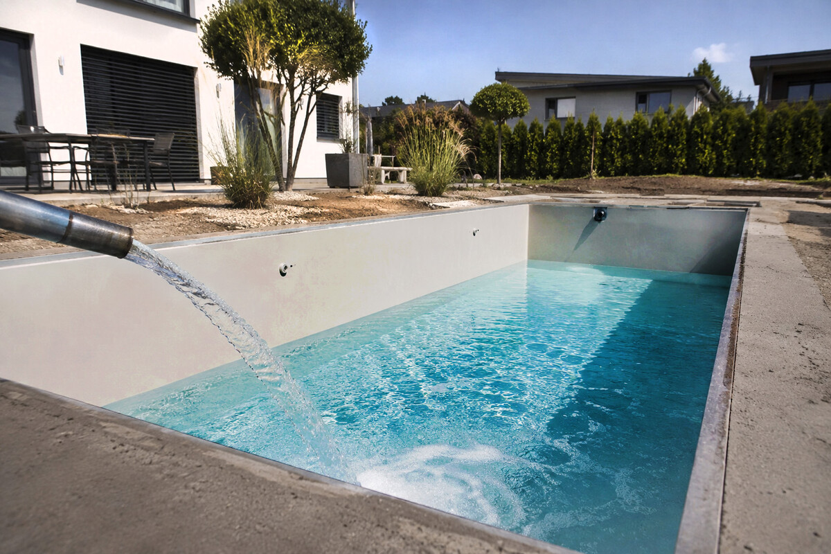 Ein rechteckiger Pool der mit Wasser befüllt wird.