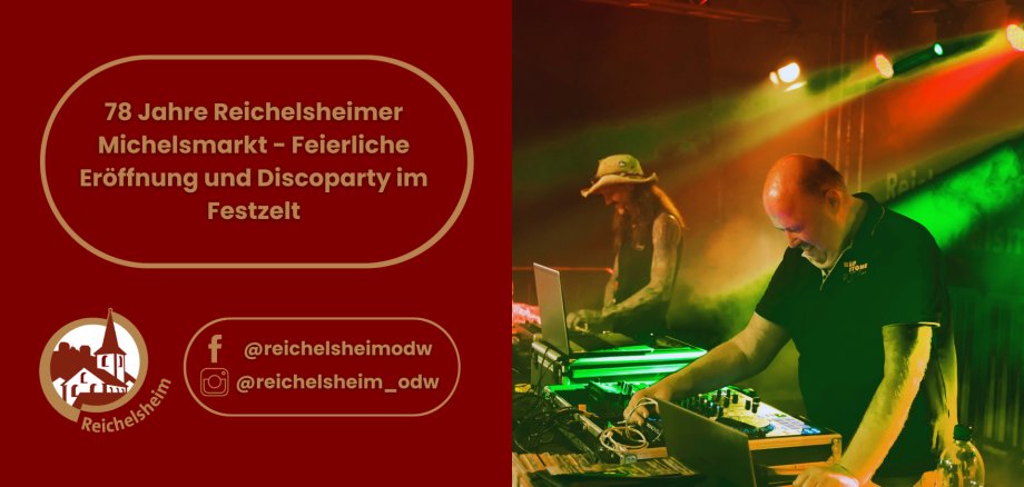 Reichelsheimer Michelsmarkt: Eröffnung & Discoparty im Festzelt. Rechts im Bild zwei DJs am Mischpult unter buntem Scheinwerferlicht.
