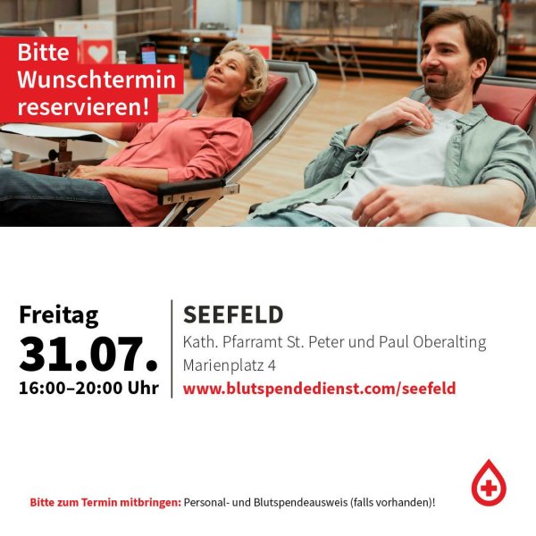 Blutspendetermin am 31.07.26 in Seefeld