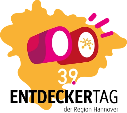 Logo des 39. Entdeckertags der Region Hannover mit zwei stilisierten, farbigen Augen auf gelbem Hintergrund. © Region Hannover
