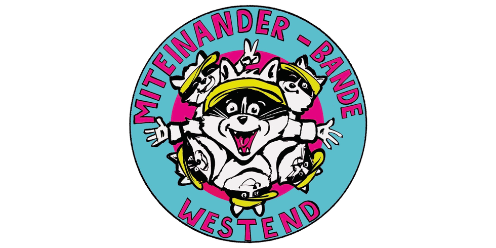 Logo Miteinander-Bande Westend: Ein Kreis, türkisblauer Hintergrund, pinker Schriftzug im Rund "Miteinander-Bande Westend". Aus der Mitte schauen insgesamt sechs schwarz-weiß-farbene Waschbärköpfe mit gelben Stirnbändern hervor, alle lächelnd, grinsend oder frech aber freundlich augenzwinkernd.
