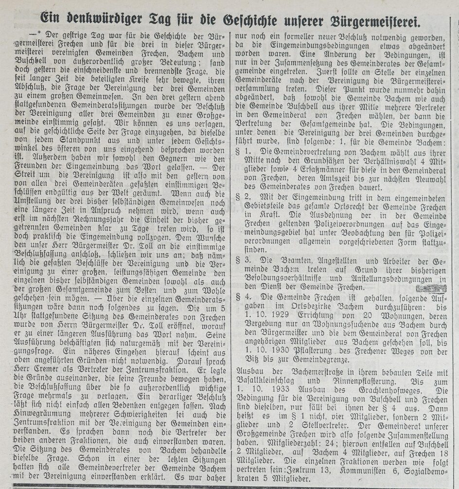 Zeitungsartikel aus dem Frechener Tageblatt vom 18. August 1926 (Signatur: Frechener Tageblatt 2/1926)