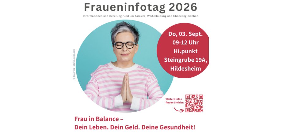 Auf dem Bild ist eine Frau mit geschlossenen Augen zu sehen und Werbung für den Infotag