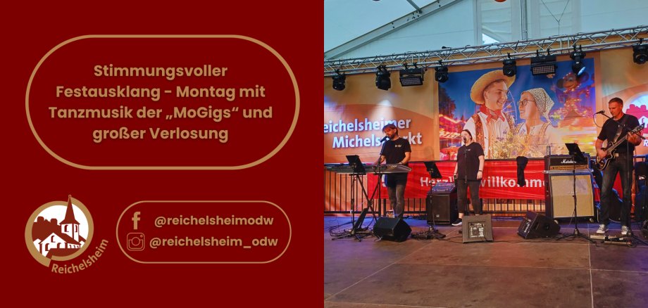 Michelsmarkt-Montag mit den „MoGigs“. Rechts ein Foto der dreiköpfigen Band mit Keyboard, Gesang und Gitarre live auf der Bühne.