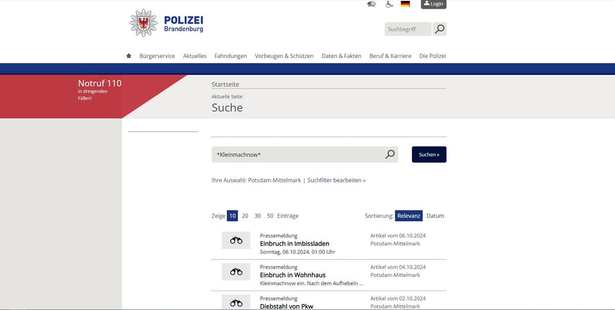 Screenshot-Polizeibericht für Kleinmachnow auf der Website der Polizei