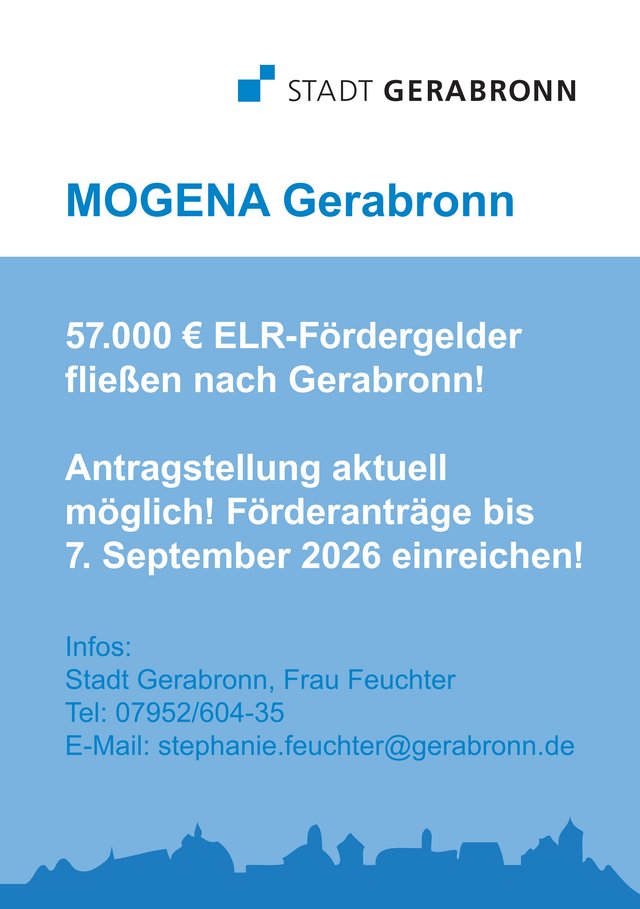 Weiß-blauer Flyer mit Stadtlogo und Silouette