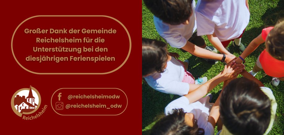 Dank der Gemeinde Reichelsheim für die Unterstützung der Ferienspiele. Foto: Kinder legen im Kreis die Hände zusammen.