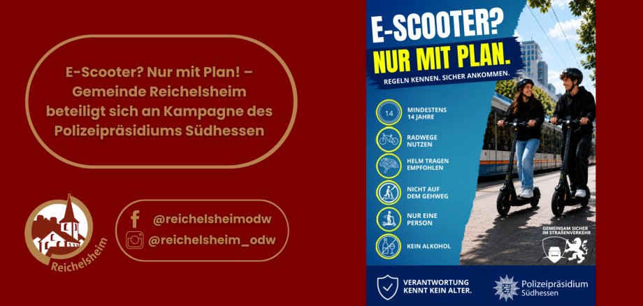 Infografik zur E-Scooter-Kampagne „Nur mit Plan“ der Gemeinde Reichelsheim und Polizei Südhessen mit Verhaltensregeln für sicheres Fahren.