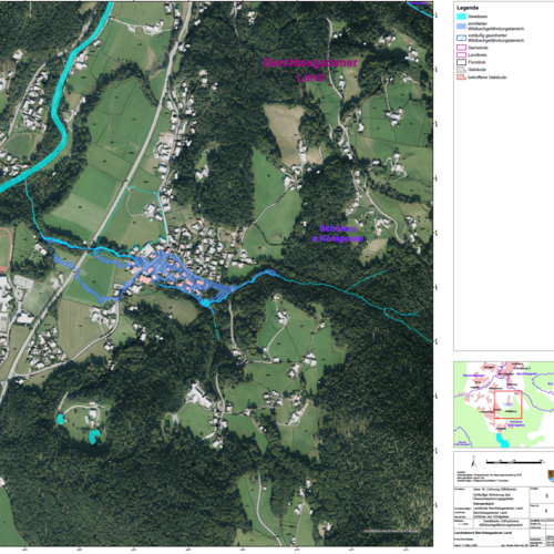 Übersichtskarte zur vorläufigen Sicherung des Überschwemmungsgebiets Hainzenbach mit Thalgraben im Unterlauf im Gemeindegebiet Schönau am Königssee (blau schraffierte Flä-che). Karte: Wasserwirtschaftsamt Traunstein