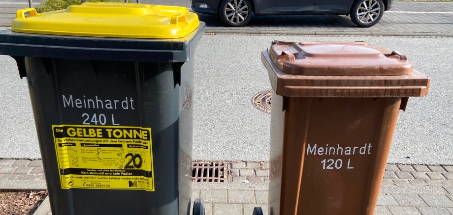 Zwei Mülltonnen, die nebeneinander stehen.
