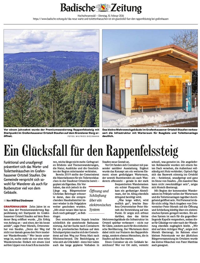 Zeitungsartikel "Ein Glücksfall für den Rappenfelsensteig" in der Badischen Zeitung vom 10.02.2026