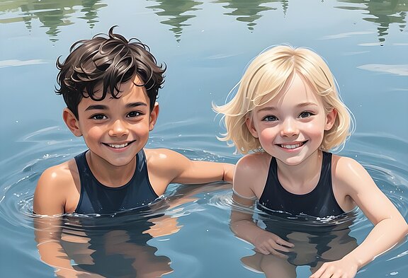 Zwei Kinder schwimmen in einem klaren Gewässer und lächeln glücklich in die Kamera. Das Mädchen hat blonde, kurze Haare, während der Junge dunkle, lockige Haare hat. Beide tragen Schwimmanzüge. Ihre Freude und Freundschaft spiegeln sich in ihren Gesichtern wider.