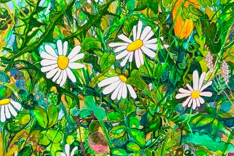 Buntes, detailreiches Gemälde von grüner Wiese mit weißen Margeriten und dichtem, abstraktem Laubwerk.