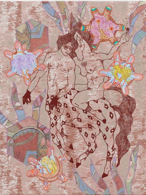 Nadira Husain_Équilove, mo mo, 2021, Siebdruck, Gouache und Acryl auf Leinwand und Stoff, 78 x 60 cm