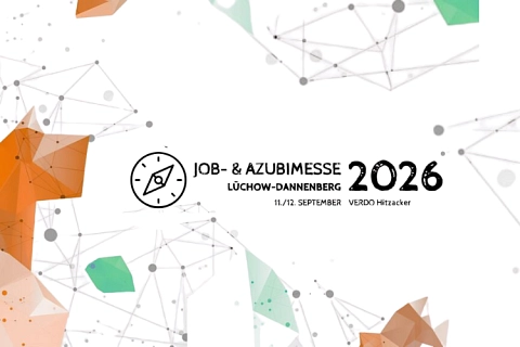 Logo mit Kompass und Text: JOB- & AZUBIMESSE LÜCHOW-DANNENBERG 2026, 11./12. SEPTEMBER VERDO Hitzacker. © Landkreis Lüchow-Dannenberg