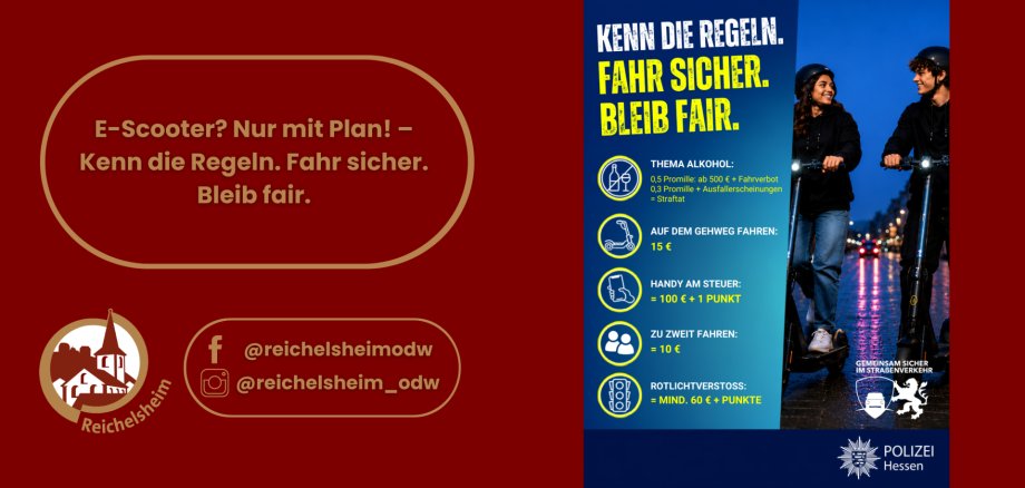 Infografik der Gemeinde Reichelsheim und Polizei Hessen mit Bußgeldern bei E-Scooter-Verstößen wie Alkohol, Handy am Steuer oder Gehwegfahren.