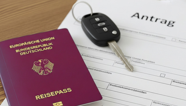 KI-generierte Fotomontage Reisepass, Autoschlüssel, Antragsformular