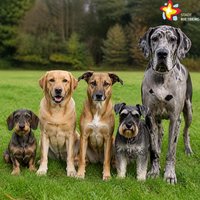 Fünf Hunde sitzen und stehen nebeneinander und schauen in die Kamera. Es sind verschiedene Rassen.