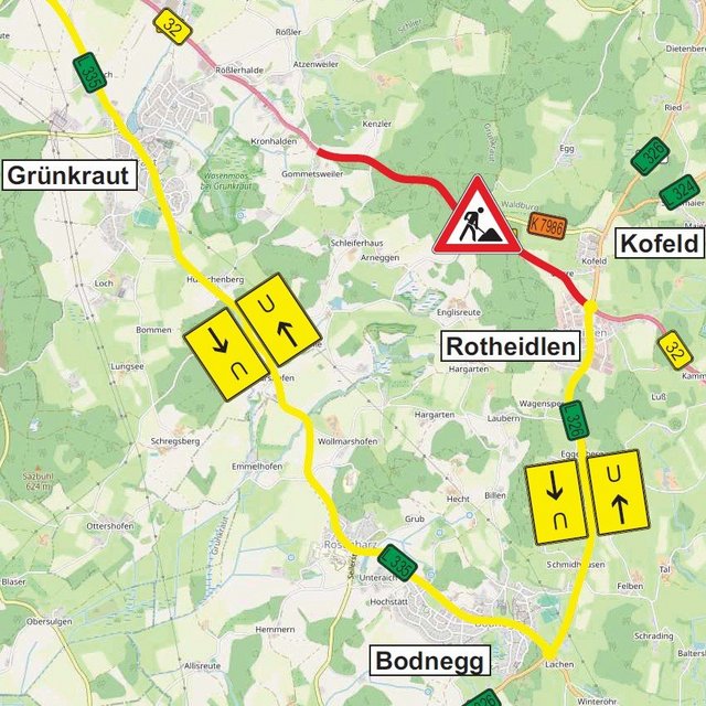 Eine Umleitungsskizze über die Straßen Grünkraut Kofeld Bodnegg