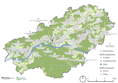 Stadtplan von Grieseck mit Markierungen für Refill-Stationen, Friedhöfe, Grünflächen und Höhlen. © Energielenker