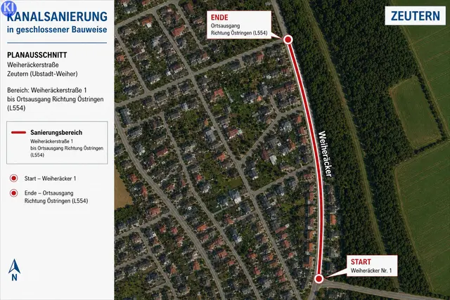 Luftbild von Zeutern mit markiertem Sanierungsabschnitt in der Weiheräckerstraße. Der Bereich verläuft von Weiheräcker 1 bis zum Ortsausgang Richtung Östringen (L554).