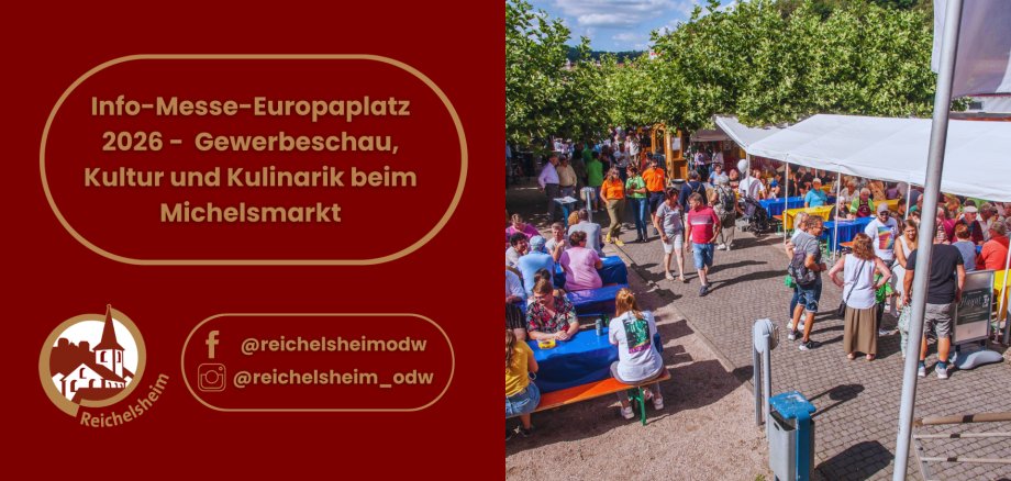 Info-Messe Europaplatz 2026: Gewerbeschau, Kultur & Kulinarik. Foto zeigt ein belebtes Festgelände unter Bäumen mit Zelten und Besuchern.