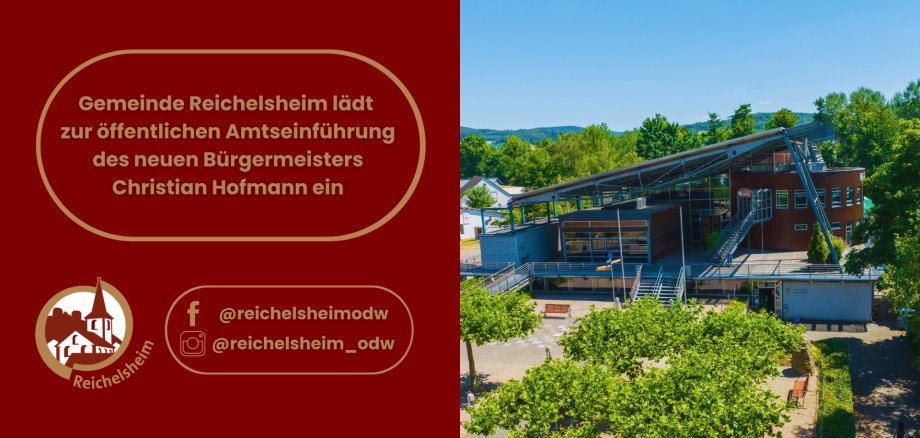Einladung zur Amtseinführung des neuen Bürgermeisters Christian Hofmann mit Foto der Reichenberghalle.