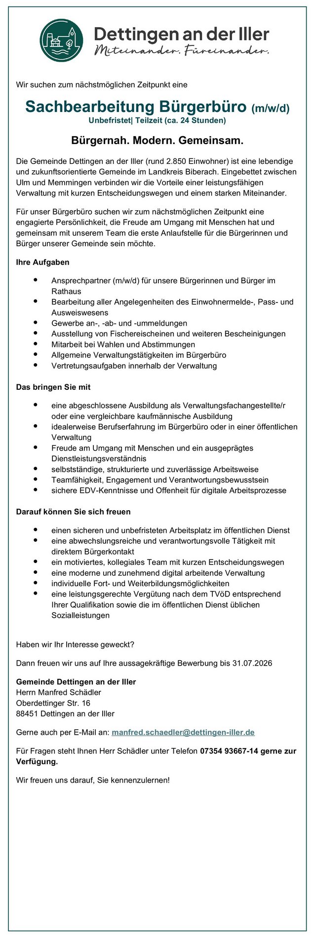 Stellenausschreibung Sachbearbeitung Bürgerbüro