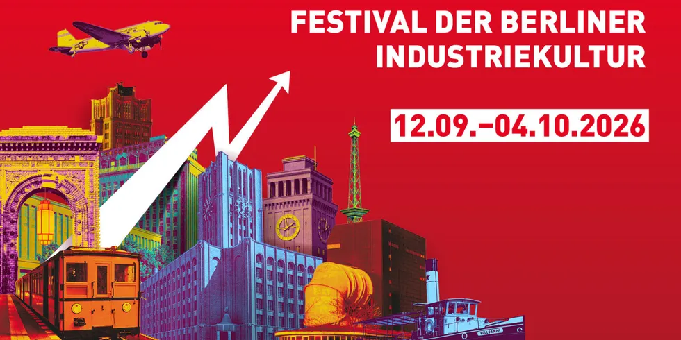 Grafik zum Festival der Berliner Industriekultur vom 12. September bis 4. Oktober 2026; mit Collage Berliner Industrieorte